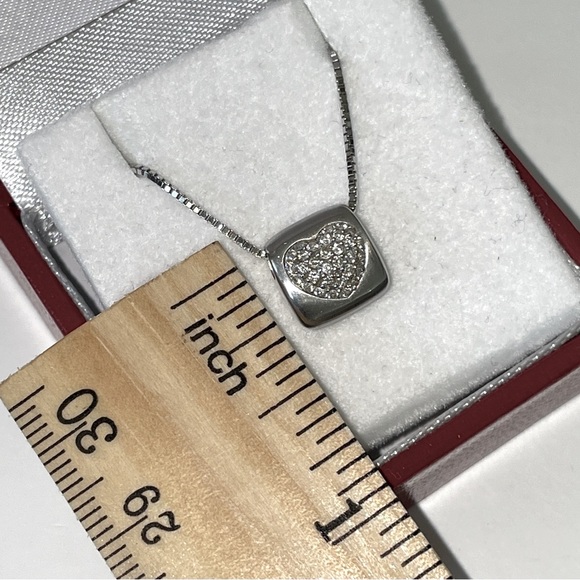 Solid Stamped 18K (not 14K ) White Gold Diamond Pave Modern Heart Necklace - Picture 9 of 16